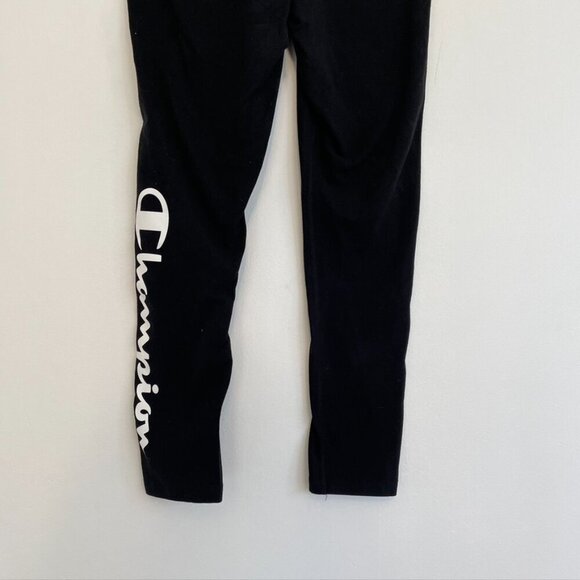 CHAMPION Solid Black Blue Red Yellow Detail White Spellout Logo Cropped Leggings - Picture 9 of 9